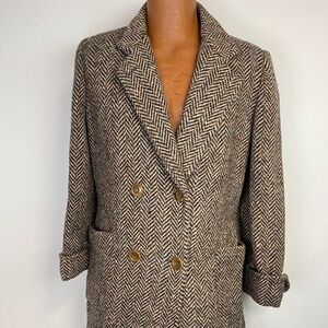Paul Levy Womens M Midi Herringbone Double Breasted Tweed Fray Cuffs Silk Blend